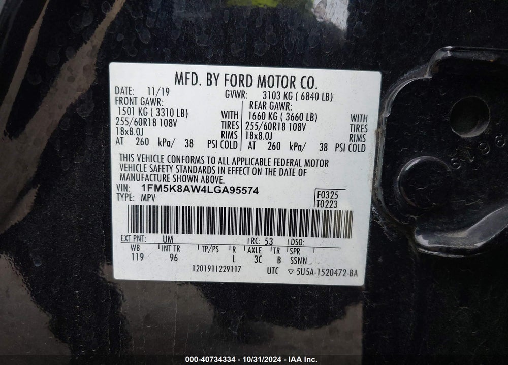 2020 FORD POLICE INTERCEPTOR UTILITY VIN: 1FM5K8AW4LGA95574