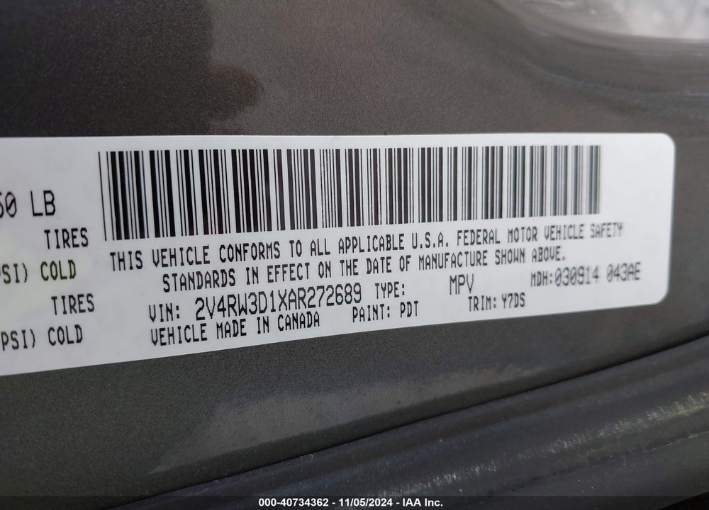 2010 VOLKSWAGEN ROUTAN SE VIN: 2V4RW3D1XAR272689