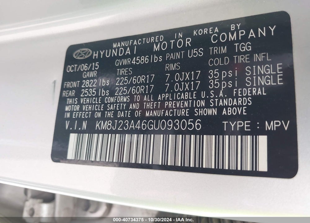 2016 HYUNDAI TUCSON SE VIN: KM8J23A46GU093056