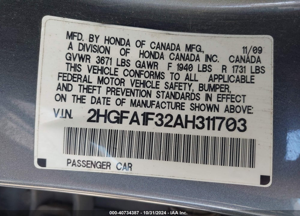 2010 HONDA CIVIC VP VIN: 2HGFA1F32AH311703