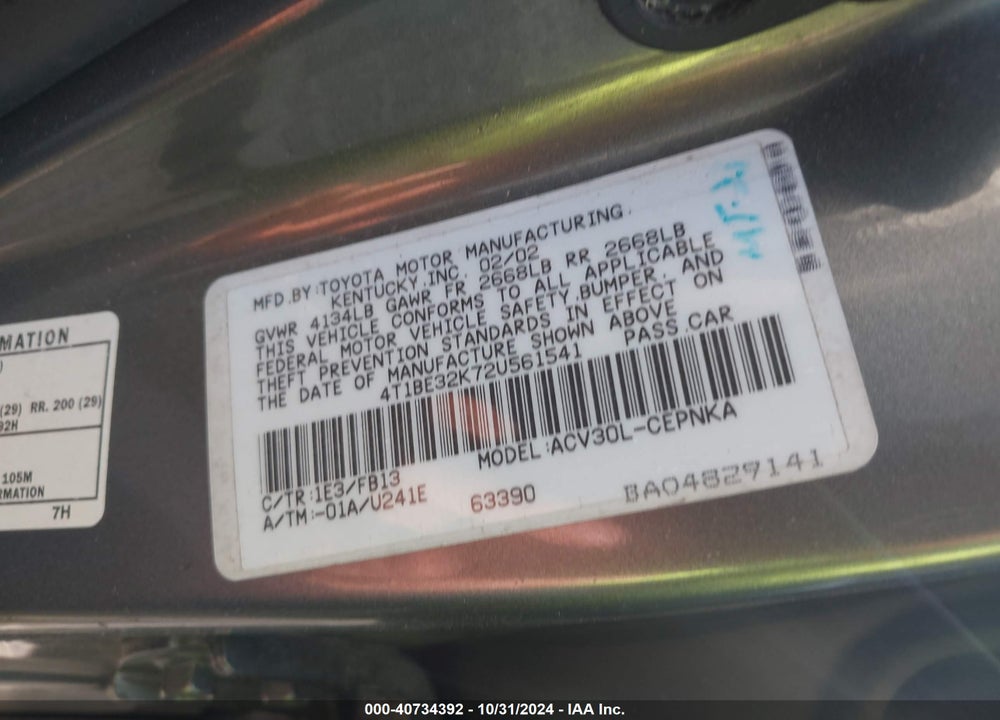2002 TOYOTA CAMRY LE VIN: 4T1BE32K72U561541