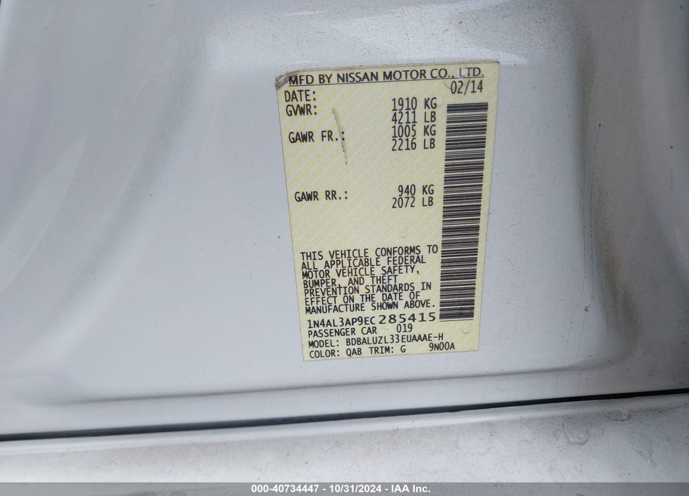2014 NISSAN ALTIMA 2.5 SV VIN: 1N4AL3AP9EC285415