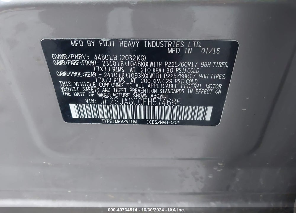 2015 SUBARU FORESTER 2.5I PREMIUM VIN: JF2SJAGC0FH574685