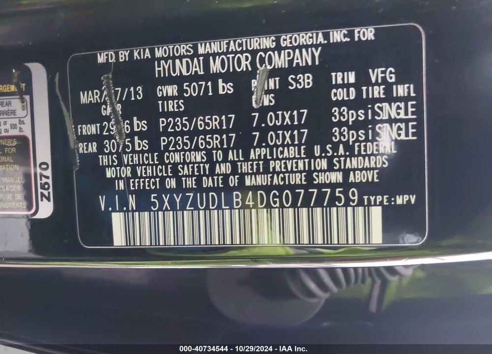 2013 HYUNDAI SANTA FE SPORT VIN: 5XYZUDLB4DG077759