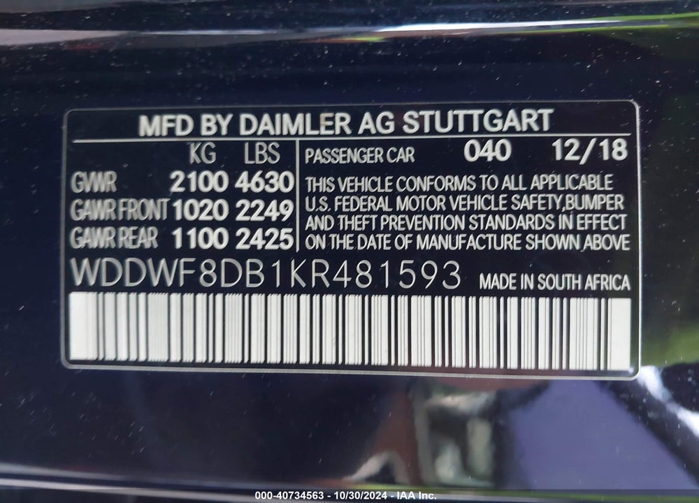 2019 MERCEDES-BENZ C 300 VIN: WDDWF8DB1KR481593