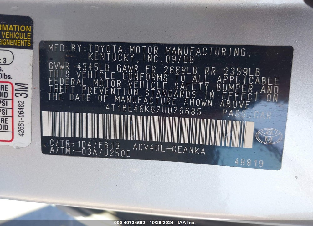 2007 TOYOTA CAMRY LE VIN: 4T1BE46K67U076685