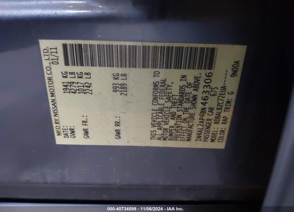 2011 NISSAN ALTIMA VIN: 1N4AL2AP4BN463306