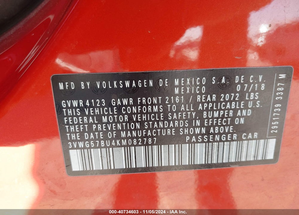 2019 VOLKSWAGEN JETTA 1.4T SEL PREMIUM VIN: 3VWG57BU4KM082787