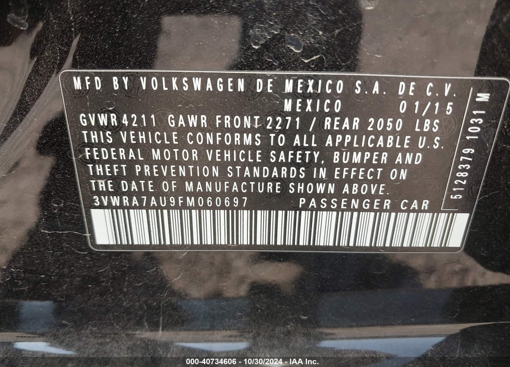2015 VOLKSWAGEN GOLF TDI SEL 4-DOOR VIN: 3VWRA7AU9FM060697
