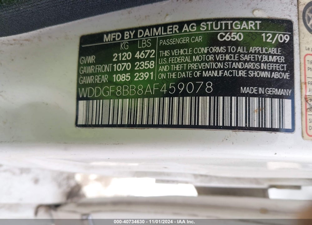 2010 MERCEDES-BENZ C 300 VIN: WDDGF8BB8AF459078