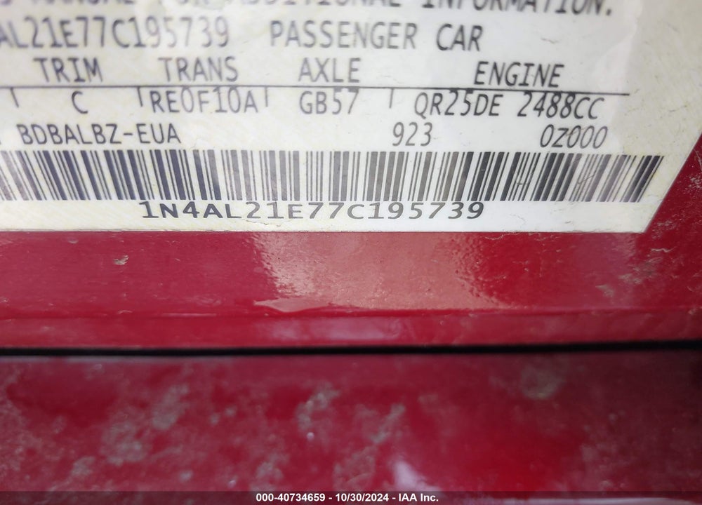 2007 NISSAN ALTIMA 2.5 S VIN: 1N4AL21E77C195739