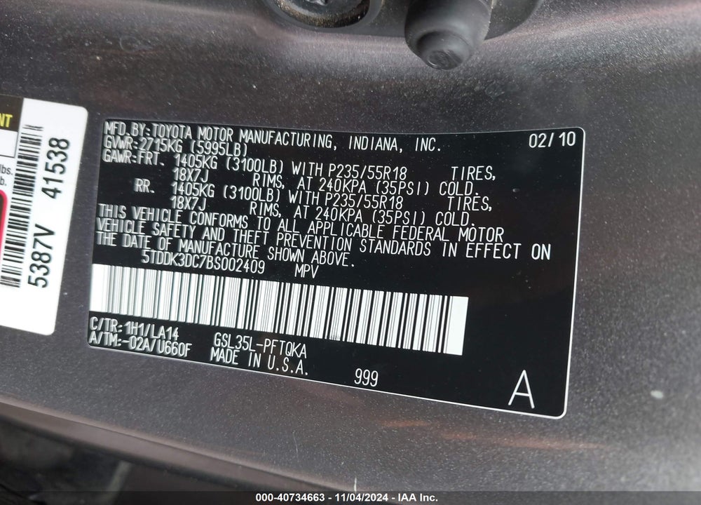 2011 TOYOTA SIENNA LIMITED VIN: 5TDDK3DC7BS002409