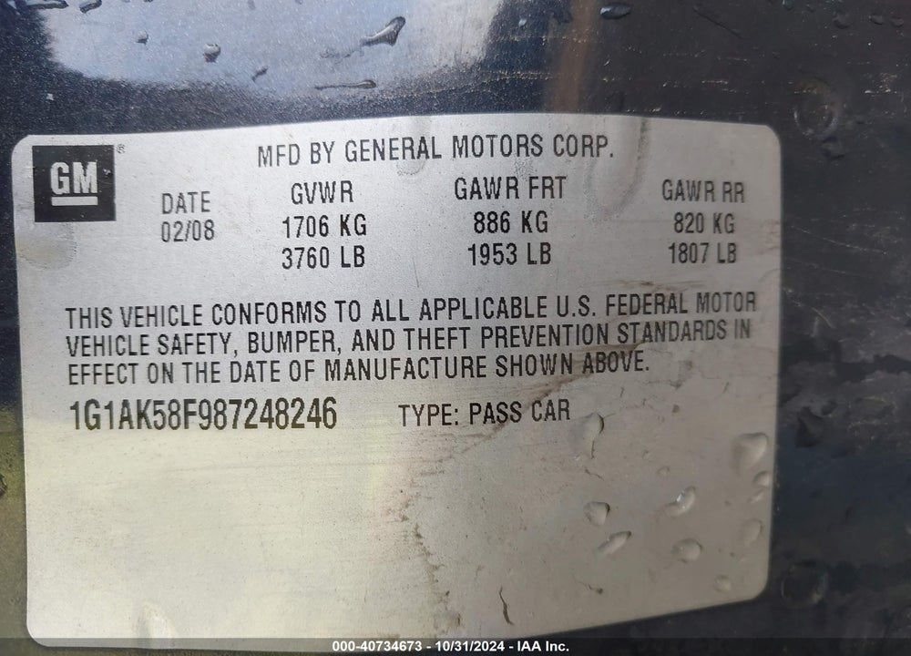 2008 CHEVROLET COBALT LS VIN: 1G1AK58F987248246