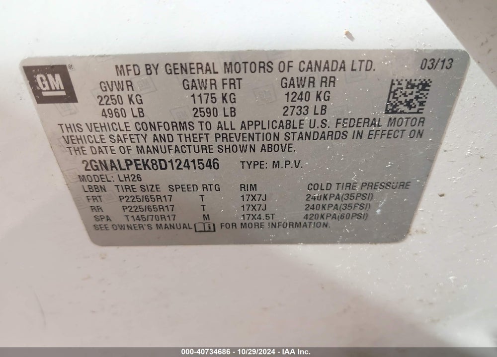 2013 CHEVROLET EQUINOX 2LT VIN: 2GNALPEK8D1241546