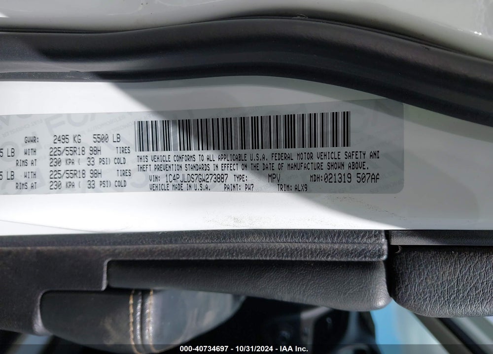 2016 JEEP CHEROKEE LIMITED VIN: 1C4PJLDS7GW273887