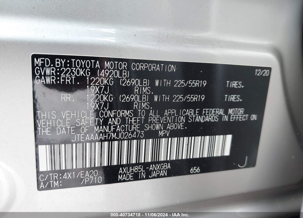 2021 TOYOTA VENZA XLE VIN: JTEAAAAH7MJ026473