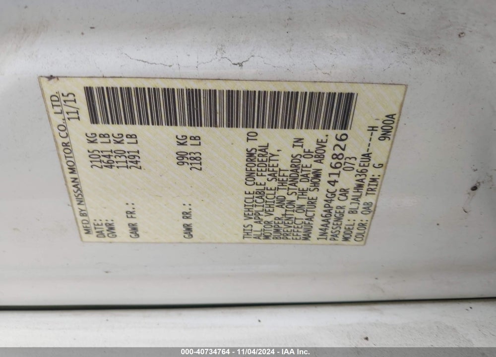 2016 NISSAN MAXIMA 3.5 PLATINUM/3.5 S/3.5 SL/3.5 SR/3.5 SV VIN: 1N4AA6AP4GC416826
