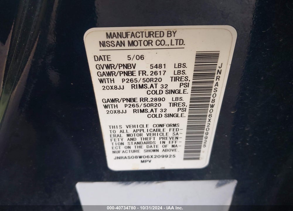 2006 INFINITI FX35 VIN: JNRAS08W06X209925