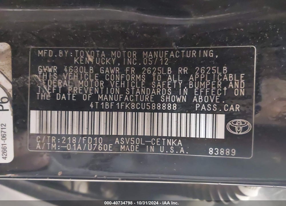 2012 TOYOTA CAMRY LE VIN: 4T1BF1FK8CU588888