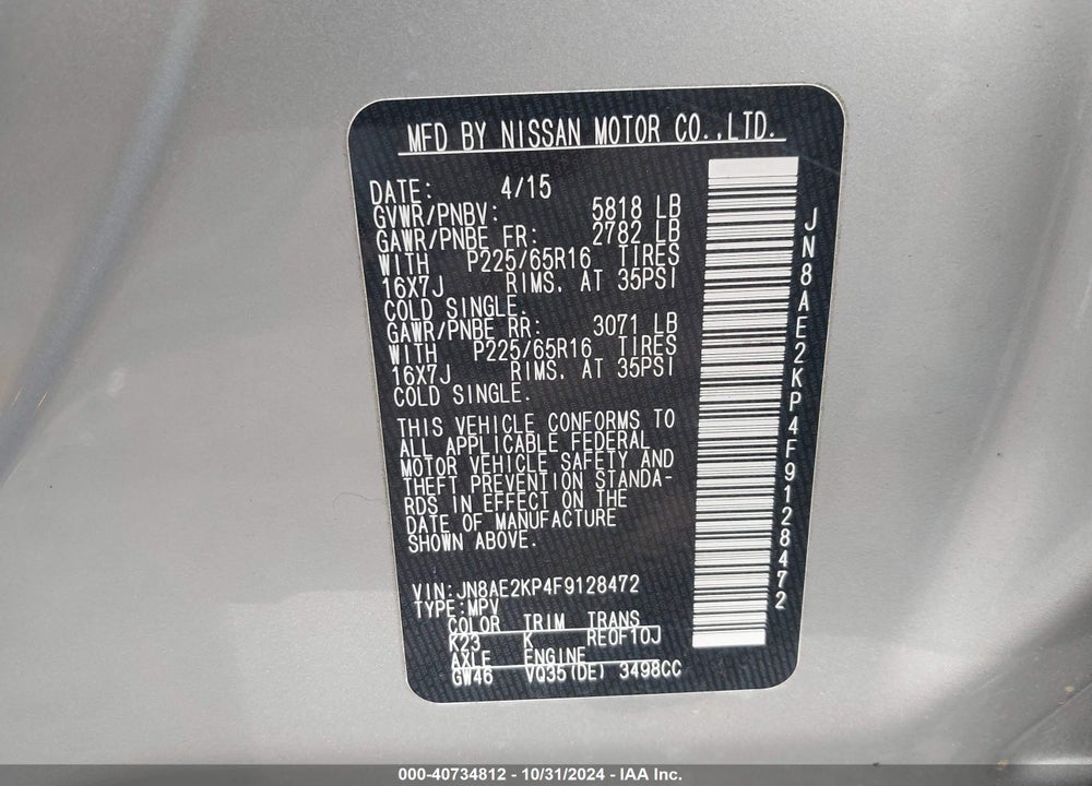 2015 NISSAN QUEST PLATINUM/S/SL/SV VIN: JN8AE2KP4F9128472