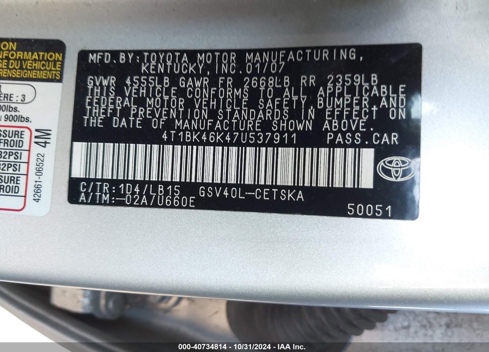 2007 TOYOTA CAMRY SE V6 VIN: 4T1BK46K47U537911