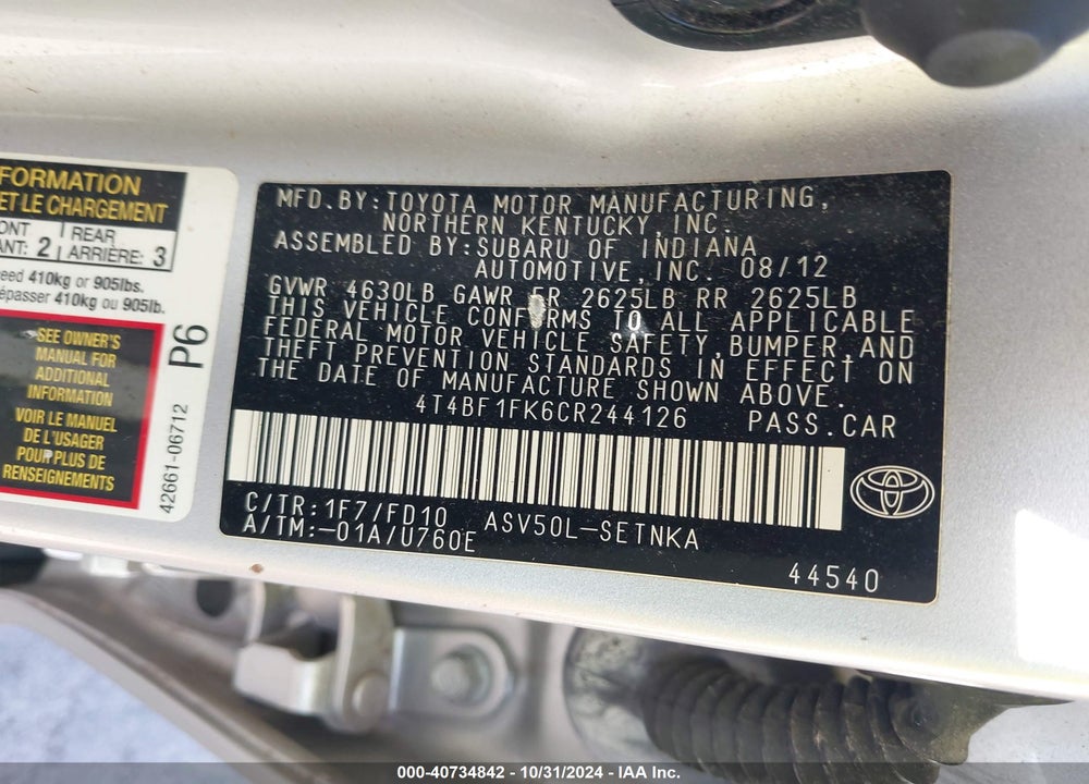 2012 TOYOTA CAMRY LE VIN: 4T4BF1FK6CR244126