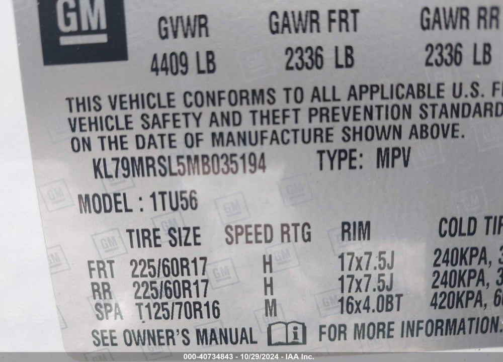 2021 CHEVROLET TRAILBLAZER AWD LT VIN: KL79MRSL5MB035194