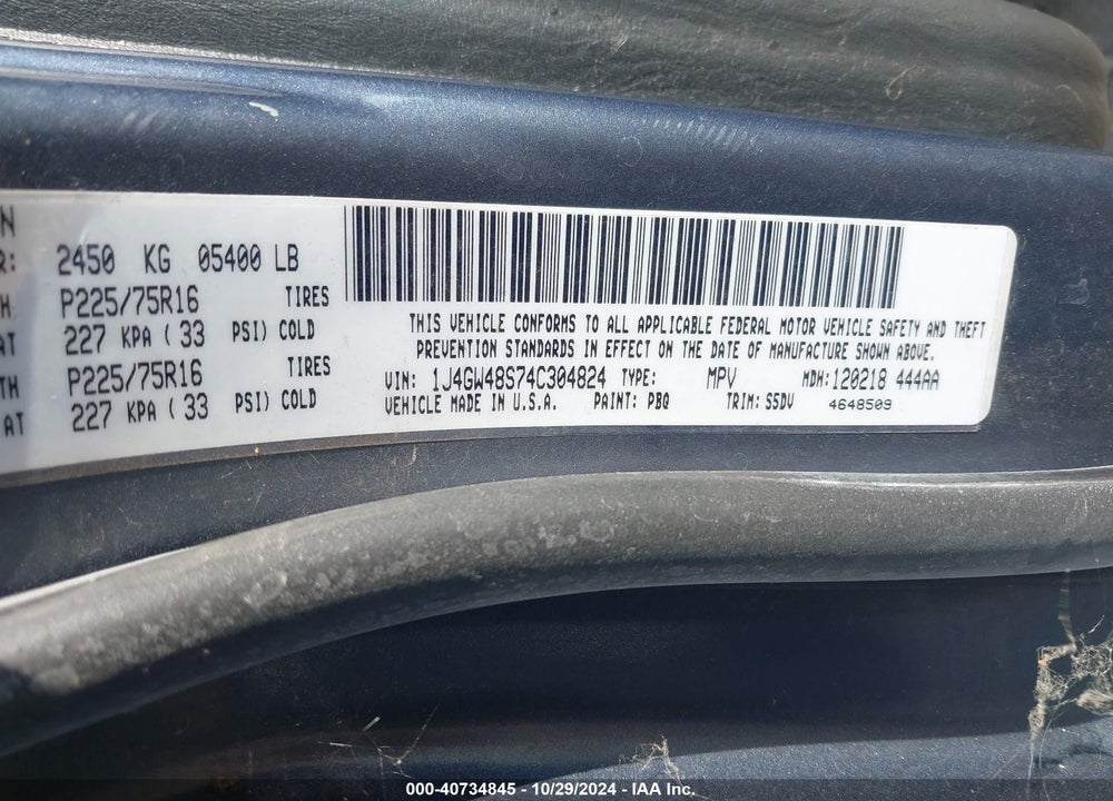 2004 JEEP GRAND CHEROKEE LAREDO VIN: 1J4GW48S74C304824