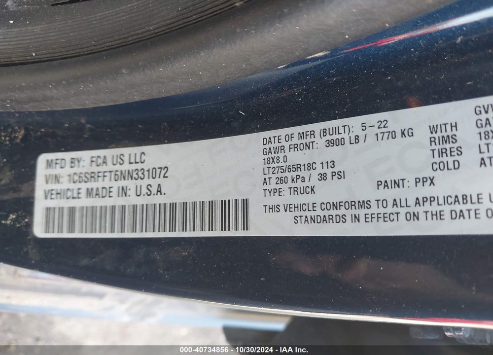 2022 RAM 1500 BIG HORN 4X4 5'7 BOX VIN: 1C6SRFFT6NN331072