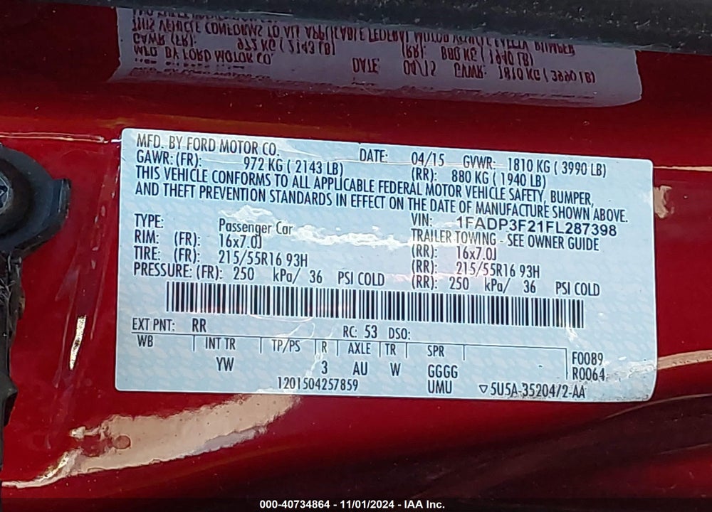 2015 FORD FOCUS SE VIN: 1FADP3F21FL287398