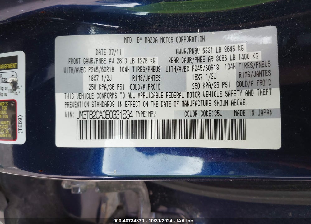2011 MAZDA CX-9 TOURING VIN: JM3TB2CA0B0331534