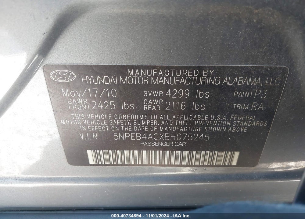 2011 HYUNDAI SONATA GLS VIN: 5NPEB4ACXBH075245