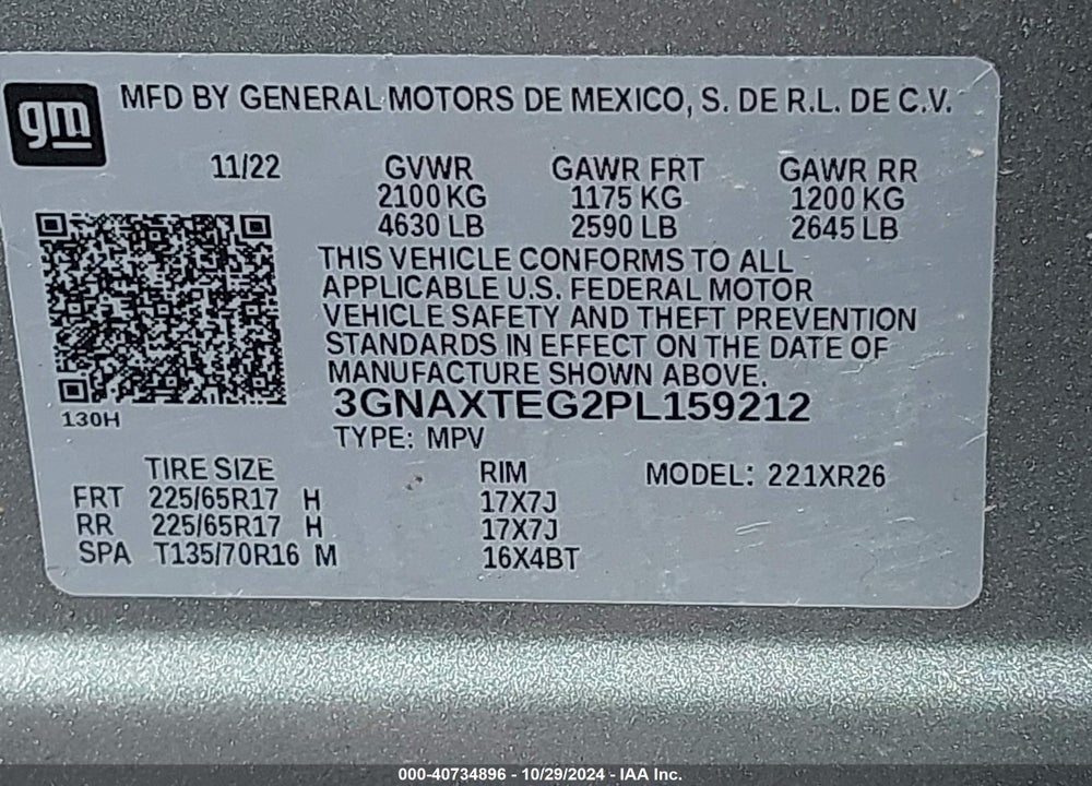 2023 CHEVROLET EQUINOX AWD 2FL VIN: 3GNAXTEG2PL159212