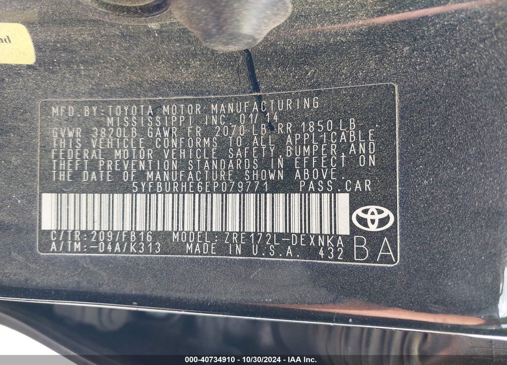 2014 TOYOTA COROLLA LE VIN: 5YFBURHE6EP079771