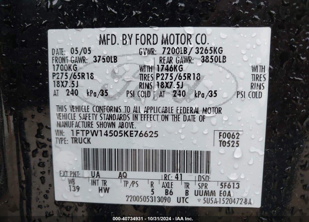 2005 FORD F-150 FX4/LARIAT/XLT VIN: 1FTPW14505KE76625
