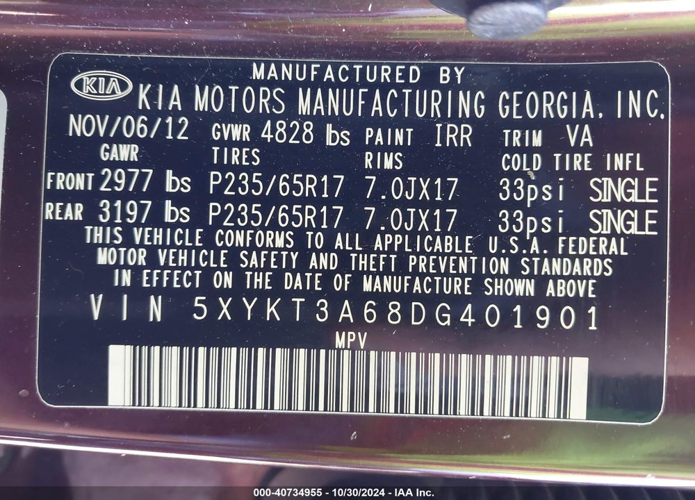 2013 KIA SORENTO LX VIN: 5XYKT3A68DG401901