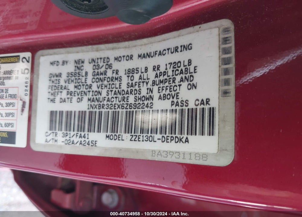 2006 TOYOTA COROLLA CE VIN: 1NXBR32EX6Z692242