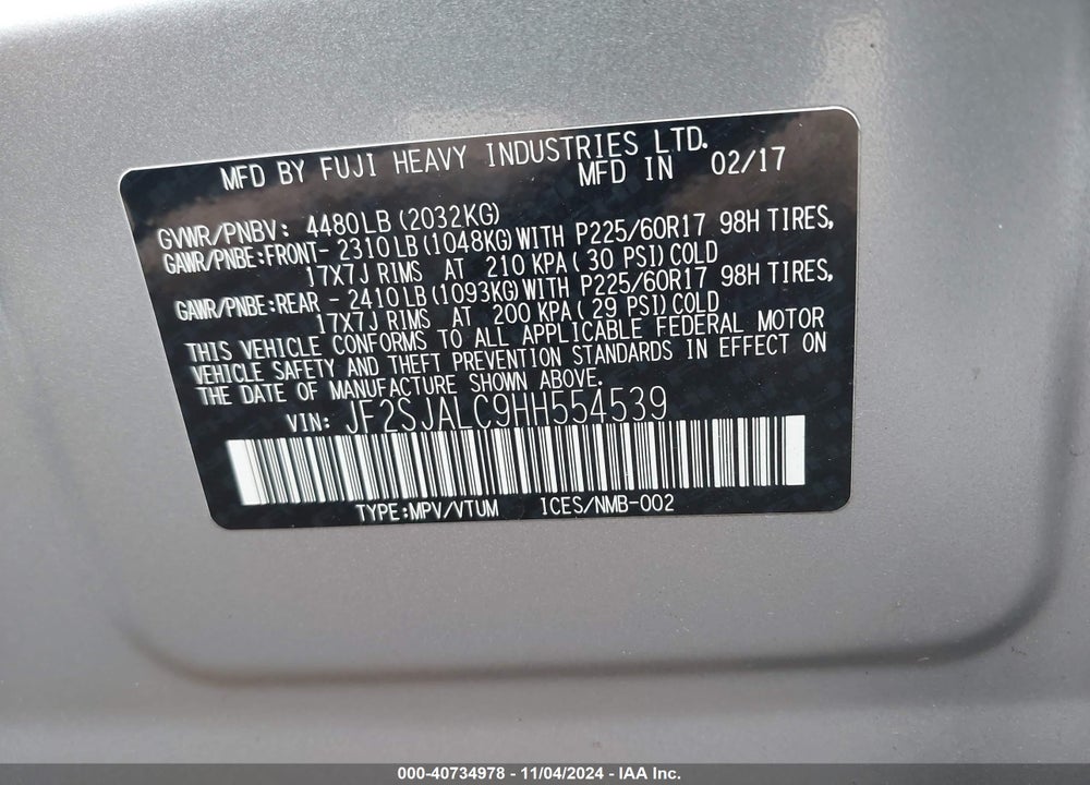 2017 SUBARU FORESTER 2.5I LIMITED VIN: JF2SJALC9HH554539