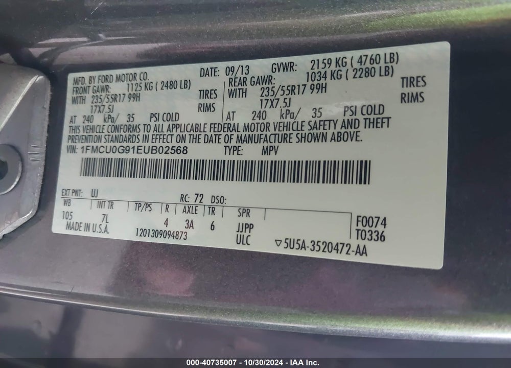 2014 FORD ESCAPE SE VIN: 1FMCU0G91EUB02568
