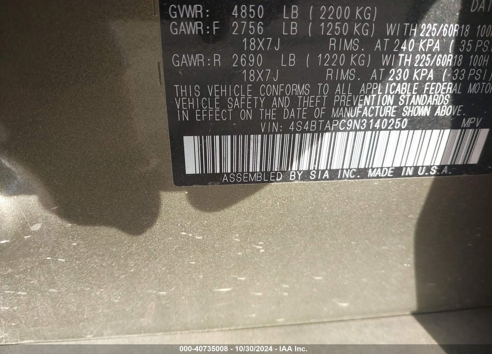 2022 SUBARU OUTBACK TOURING VIN: 4S4BTAPC9N3140250
