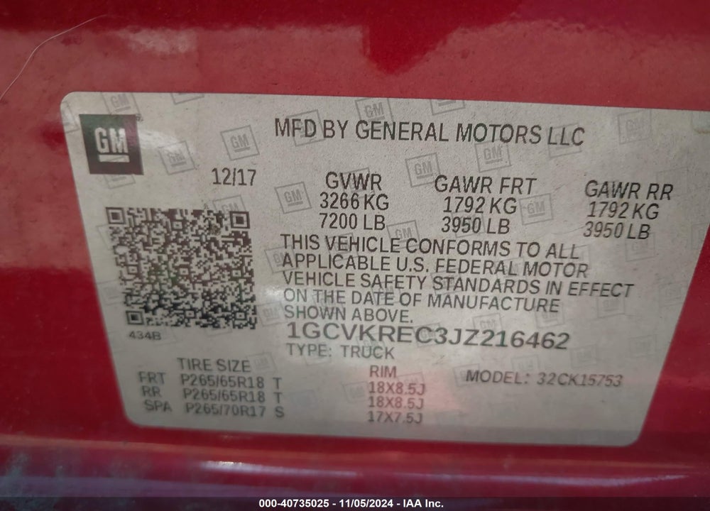2018 CHEVROLET SILVERADO 1500 1LT VIN: 1GCVKREC3JZ216462