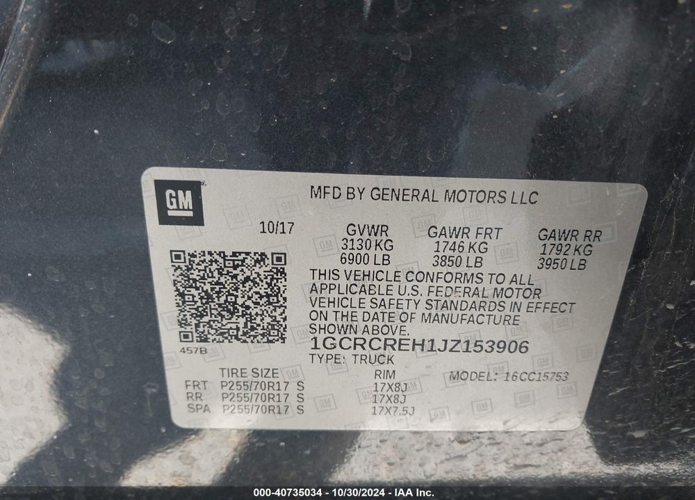 2018 CHEVROLET SILVERADO 1500 VIN: 1GCRCREH1JZ153906
