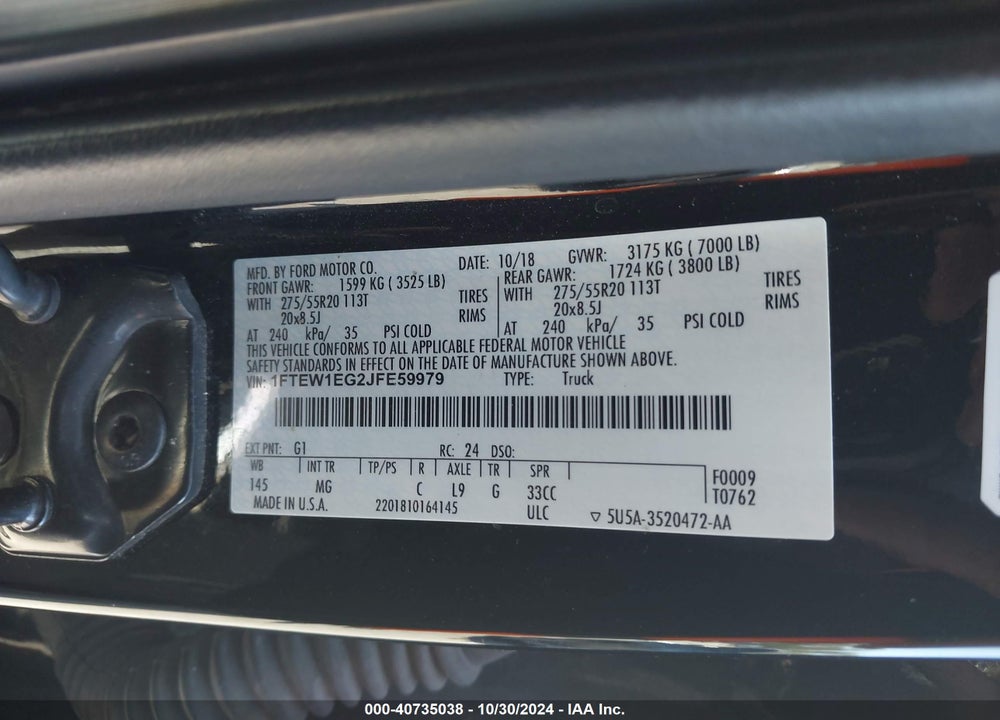 2018 FORD F-150 XLT VIN: 1FTEW1EG2JFE59979