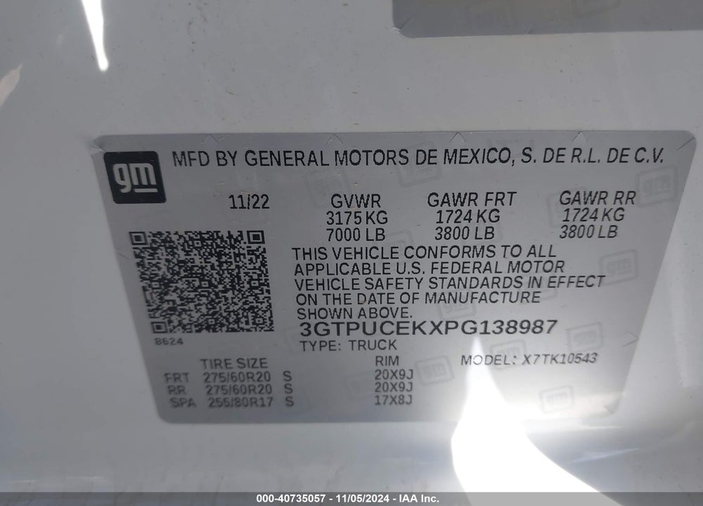 2023 GMC SIERRA 1500 4WD SHORT BOX ELEVATION WITH 3SB VIN: 3GTPUCEKXPG138987