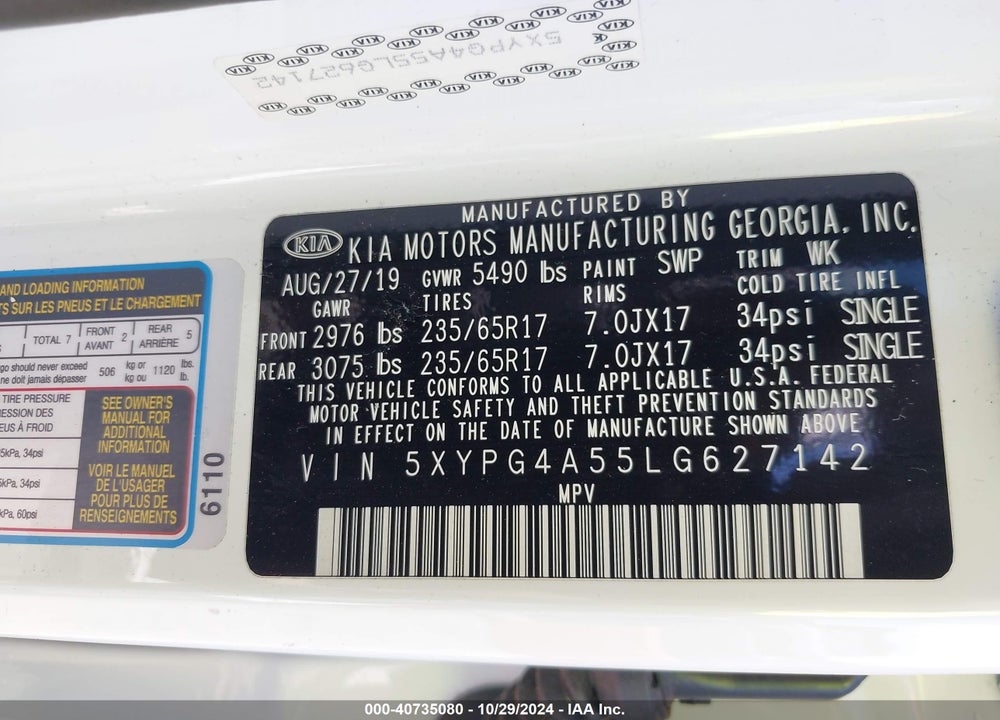 2020 KIA SORENTO 3.3L LX VIN: 5XYPG4A55LG627142