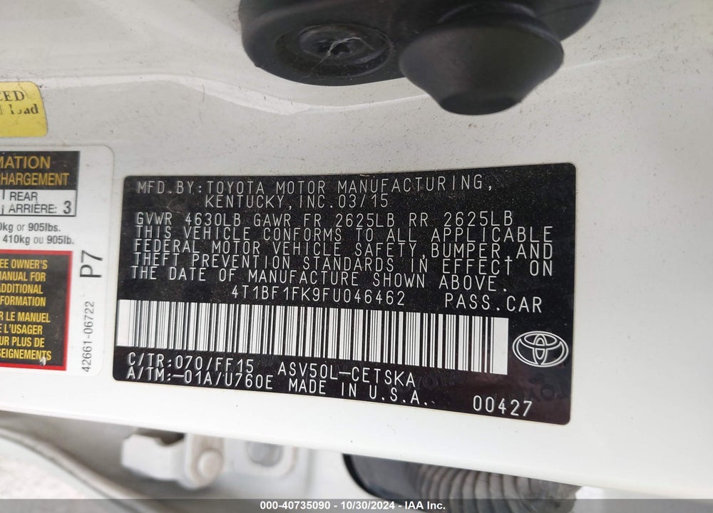 2015 TOYOTA CAMRY SE VIN: 4T1BF1FK9FU046462