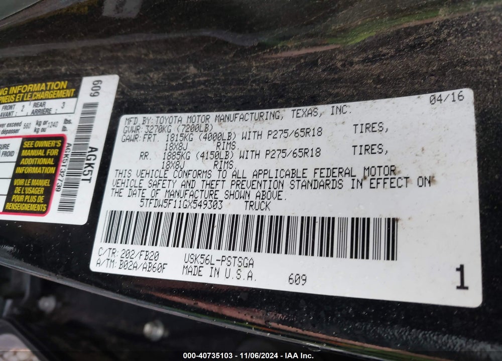 2016 TOYOTA TUNDRA SR5 5.7L V8 VIN: 5TFDW5F11GX549303
