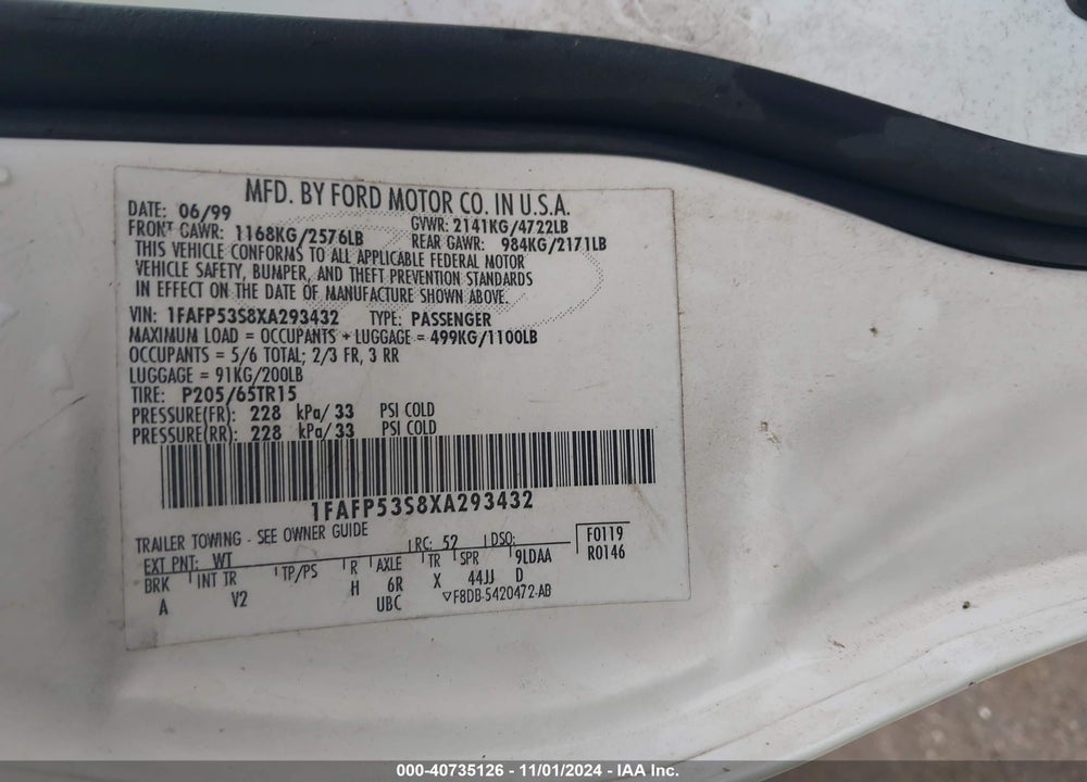 1999 FORD TAURUS SE/SE-NE VIN: 1FAFP53S8XA293432