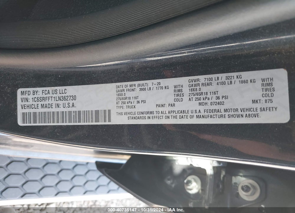 2020 RAM 1500 BIG HORN 4X4 5'7 BOX VIN: 1C6SRFFT1LN362730