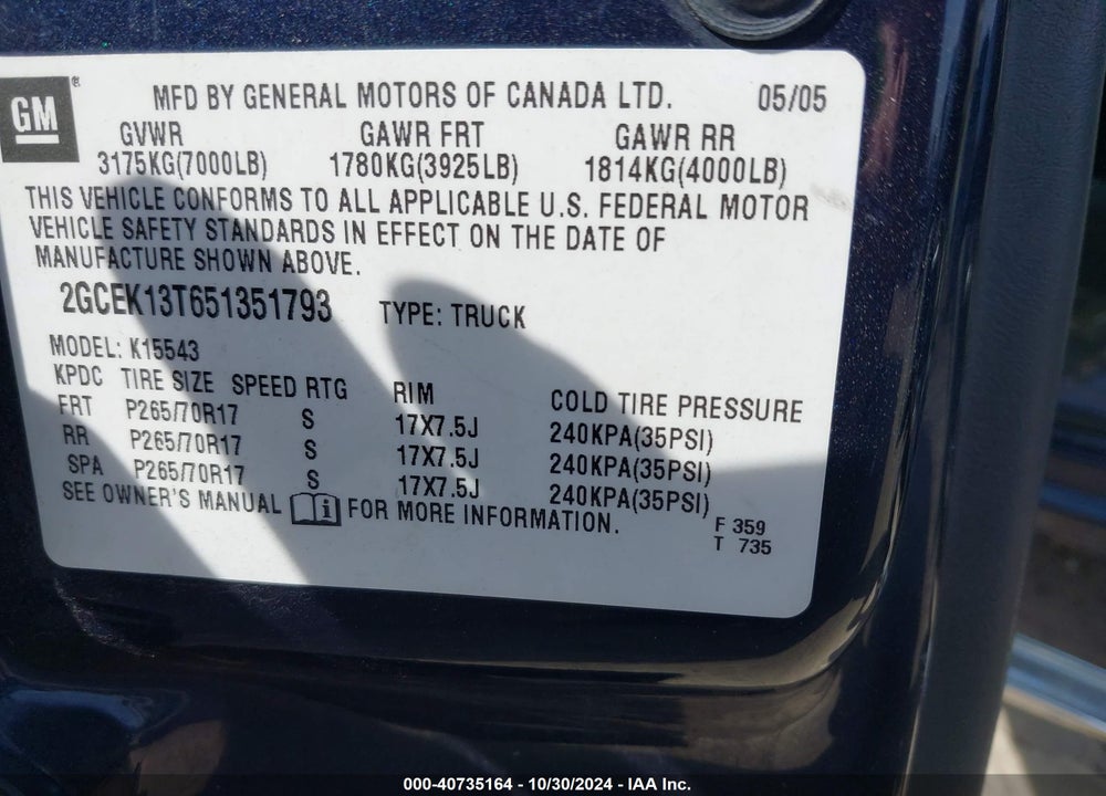 2005 CHEVROLET SILVERADO 1500 Z71 VIN: 2GCEK13T651351793